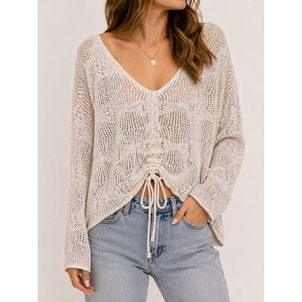 POL Cream Confetti Crochet Sweater M Open Knit Ruched Tie Boho Oversized NWT